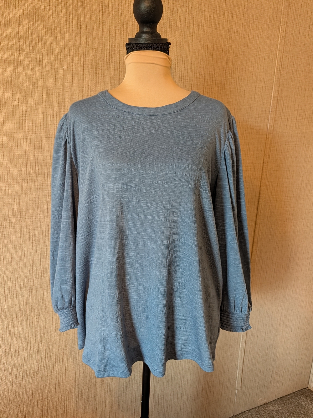 Wonderly Slate Blue Long Sleeve Textured Top with Smocked Cuffs